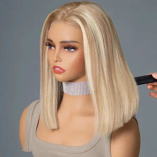Blonde Highlight Color Bob Human Hair 6×5 13×6 HD Lace Glueless Wig P16/613 Pre Bleached & Plucked