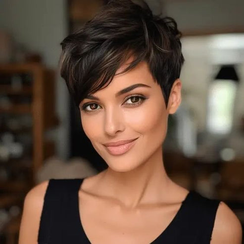 100% Human Hair Wavy Wig with Bangs Short Pixie Cut Wigs