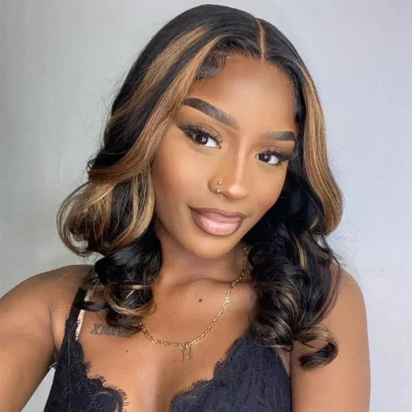 Highlight Color Short Loose Body Wave 6×5 HD Lace Glueless Wig Brown With Blonde 4/27 100% Human Hair