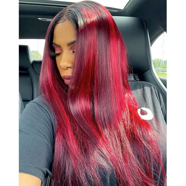 99J Burgundy with Red Highlight Straight Hair Glueless 13×4 HD Lace Frontal Wig Piano Color Unit