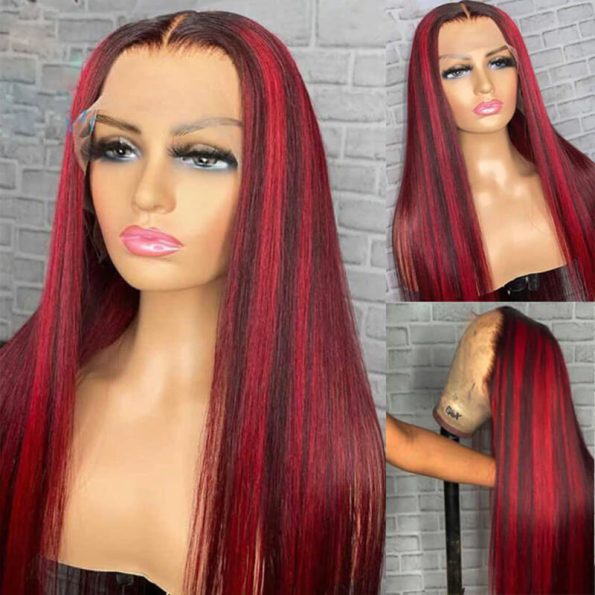 99J Burgundy with Red Highlight Straight Hair Glueless 13×4 HD Lace Frontal Wig Piano Color Unit