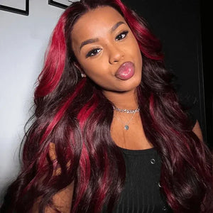 Burgundy Color Body Wave with Red Highlight 13×4 HD Lace Frontal Wig Piano Color Unit