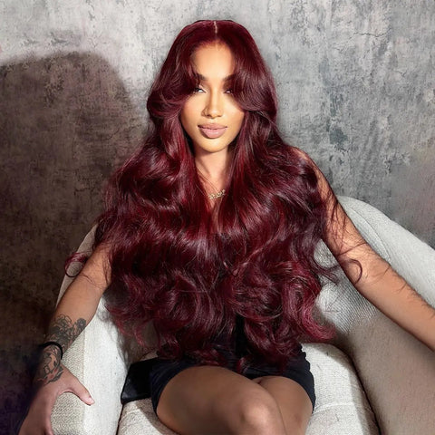 99J Burgundy Curtain Bangs Body Wave 6×5 Pre-cut Hd Glueless Wig with Layers 180% Density