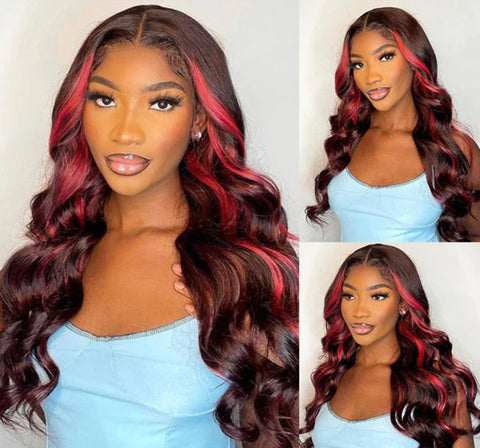 Black with Red Highlights 13x4 Bone Bodywave  Skunk Stripe Wig HD **