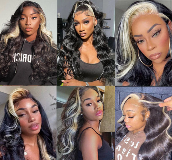 Skunk Highlights In Black Hair and Blonde Body Wave