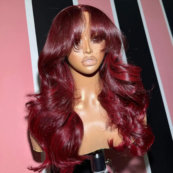 99J Burgundy Curtain Bangs Body Wave 6×5 Pre-cut Hd Glueless Wig with Layers 180% Density