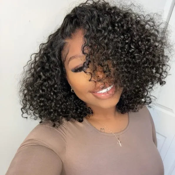 Hot Curly Short Bob Wig Side Part Wear Go Glueless Lace Frontal Wigs 180% Density