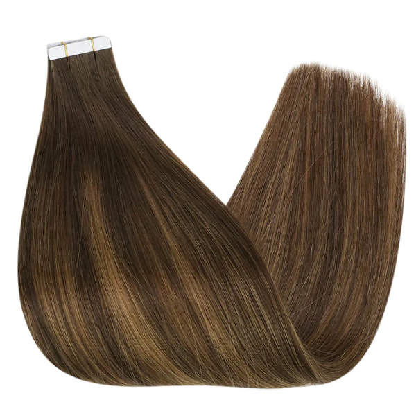 Tape In Human Hair Extensions Virgin Brazilian Hair Brown Balayage Hair (#DU)