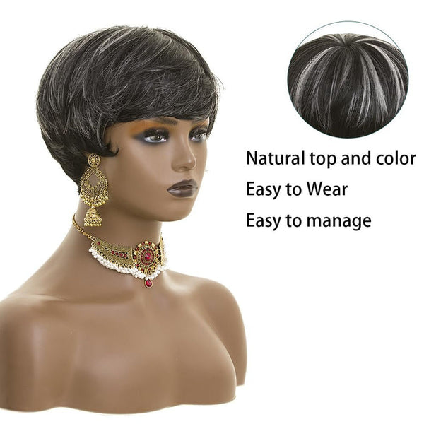 Grey Pixie Cut Human Hair Wig Salt and Pepper Wigs