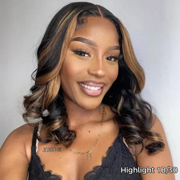 Highlight Color Short Loose Body Wave 6×5 HD Lace Glueless Wig Brown With Blonde 4/27 100% Human Hair