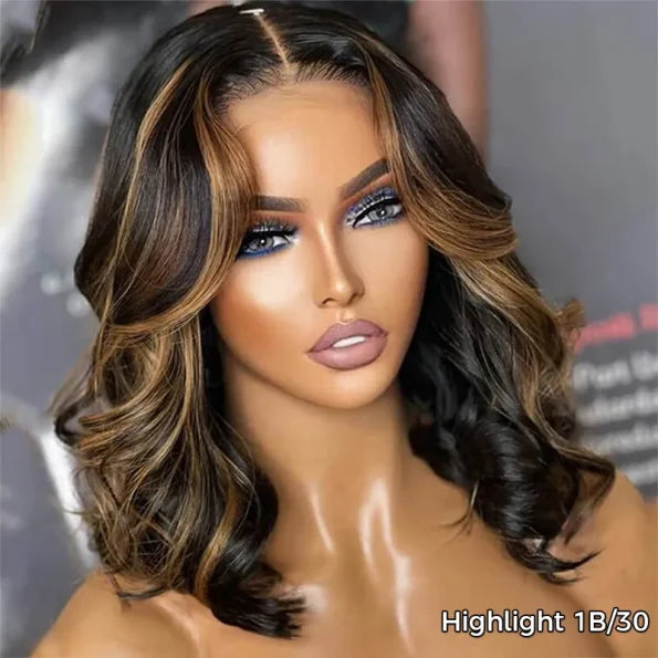 Highlight Color Short Loose Body Wave 6×5 HD Lace Glueless Wig Brown With Blonde 4/27 100% Human Hair