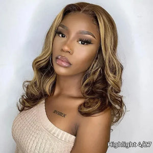 Highlight Color Short Loose Body Wave 6×5 HD Lace Glueless Wig Brown With Blonde 4/27 100% Human Hair