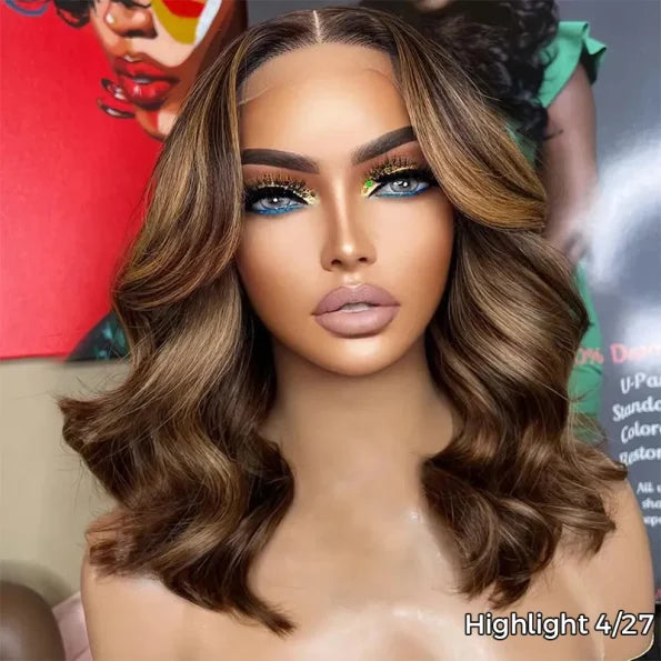 Highlight Color Short Loose Body Wave 6×5 HD Lace Glueless Wig Brown With Blonde 4/27 100% Human Hair