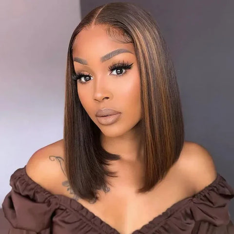 Blonde Highlight Mix Color Short Bob Straight Human Hair 6×5 Glueless Pre-Cut Lace Wig Bleached Knots