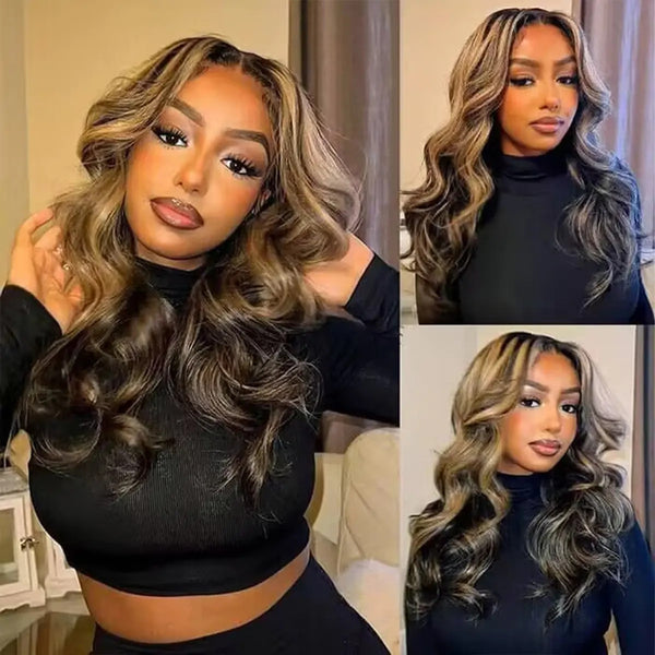 Face-Framing Curtain Bangs Honey Blonde Highlight Body Wave 6×5 Glueless Wig 180% Density