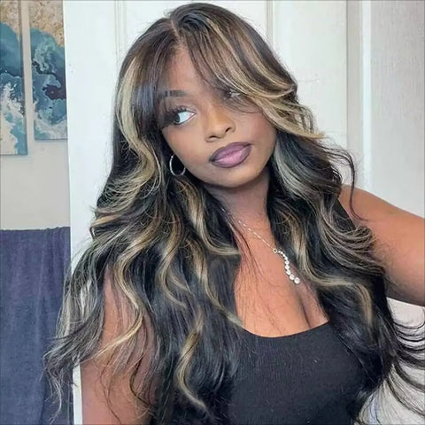 Face-Framing Curtain Bangs Honey Blonde Highlight Body Wave 6×5 Glueless Wig 180% Density