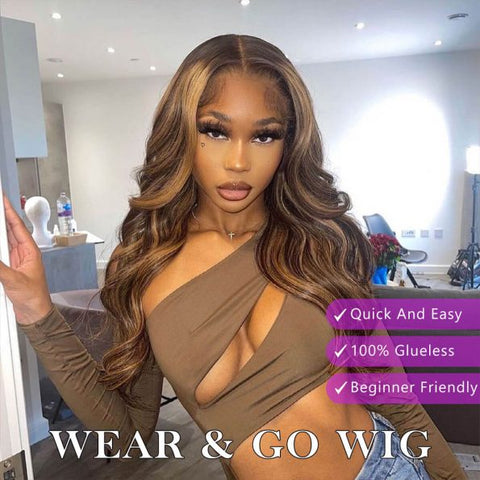 Glueless Honey Blonde Highlight Wig 6×5 Plus Wear & Go Glueless Wig P4/27 Highlight Straight & Body Wave