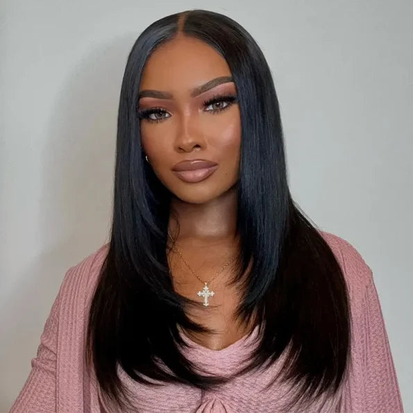 Layered Straight Hair Glueless 6x5 13x4 Lace Front Wigs 100% Human Hair Medium Length Pre Plucked & Bleached