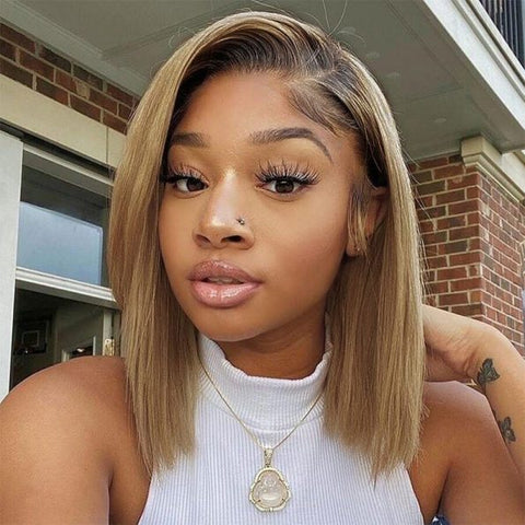 Ombre Color Bob 6×5 Glueless Short Human Hair Wig Honey Blonde with Brown Roots