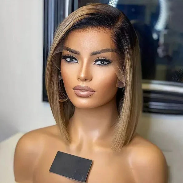 Ombre Color Bob 6×5 Glueless Short Human Hair Wig Honey Blonde with Brown Roots