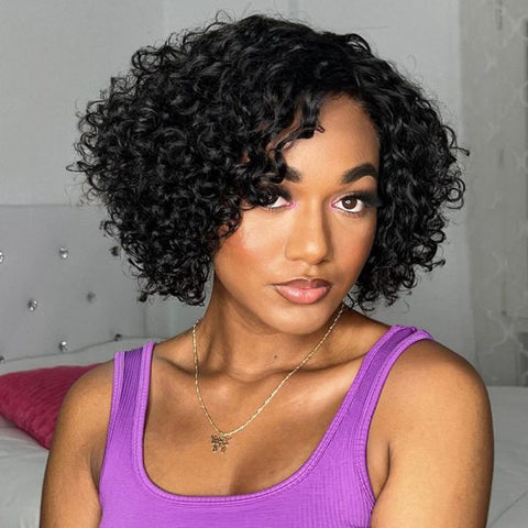 Trendy Short Cut Curly Bob Minimalist HD Lace Glueless Side Part Pre Bleach Knots Human Hair Wig