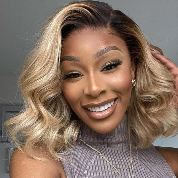 Ombre Ash Blonde Highlight Wig Classic Short Bob Wavy Wig Medium Blonde #2 Dark Brown P16/27 Virgin Human Hair HD 6x5 Glueless Lace Wig