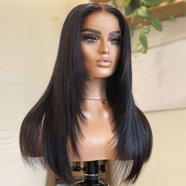 Layered Straight Hair Glueless 6x5 13x4 Lace Front Wigs 100% Human Hair Medium Length Pre Plucked & Bleached