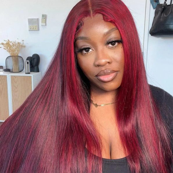 99J Burgundy with Red Highlight Straight Hair Glueless 13×4 HD Lace Frontal Wig Piano Color Unit