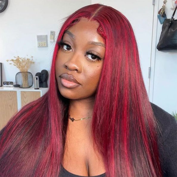 99J Burgundy with Red Highlight Straight Hair Glueless 13×4 HD Lace Frontal Wig Piano Color Unit