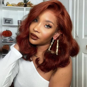 Reddish Brown Short Loose Body Wave Glueless 6×5 Lace Wig Bouncy Curls #33 Color Pre Everything