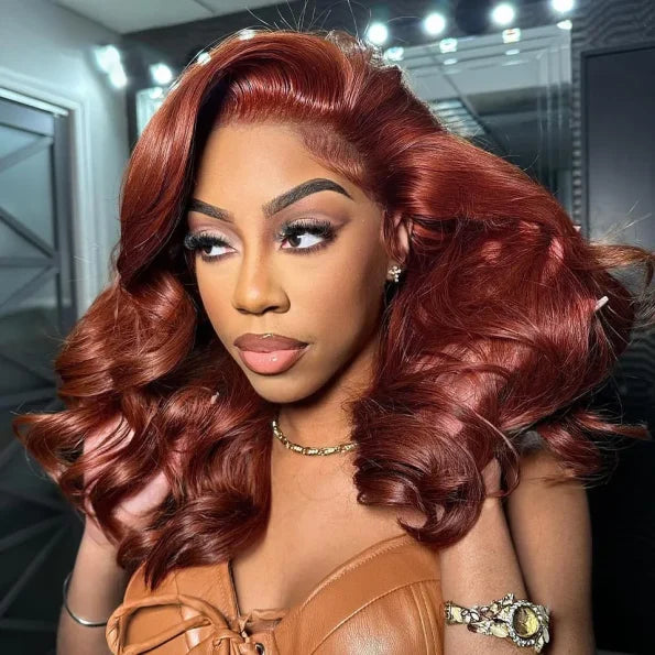 Reddish Brown Color New Body Wave Short Full Frontal 5×5 13×4 HD Lace Human Hair Wig Beautiful Barrel Curls