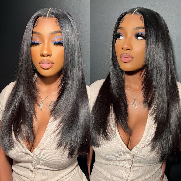 Layered Straight Hair Glueless 6x5 13x4 Lace Front Wigs 100% Human Hair Medium Length Pre Plucked & Bleached