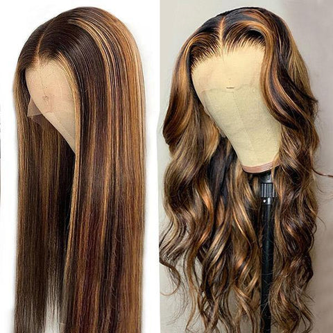Dark Brown Honey Blonde Straight/ Body Wave 4x4 Lace Closure Wig
